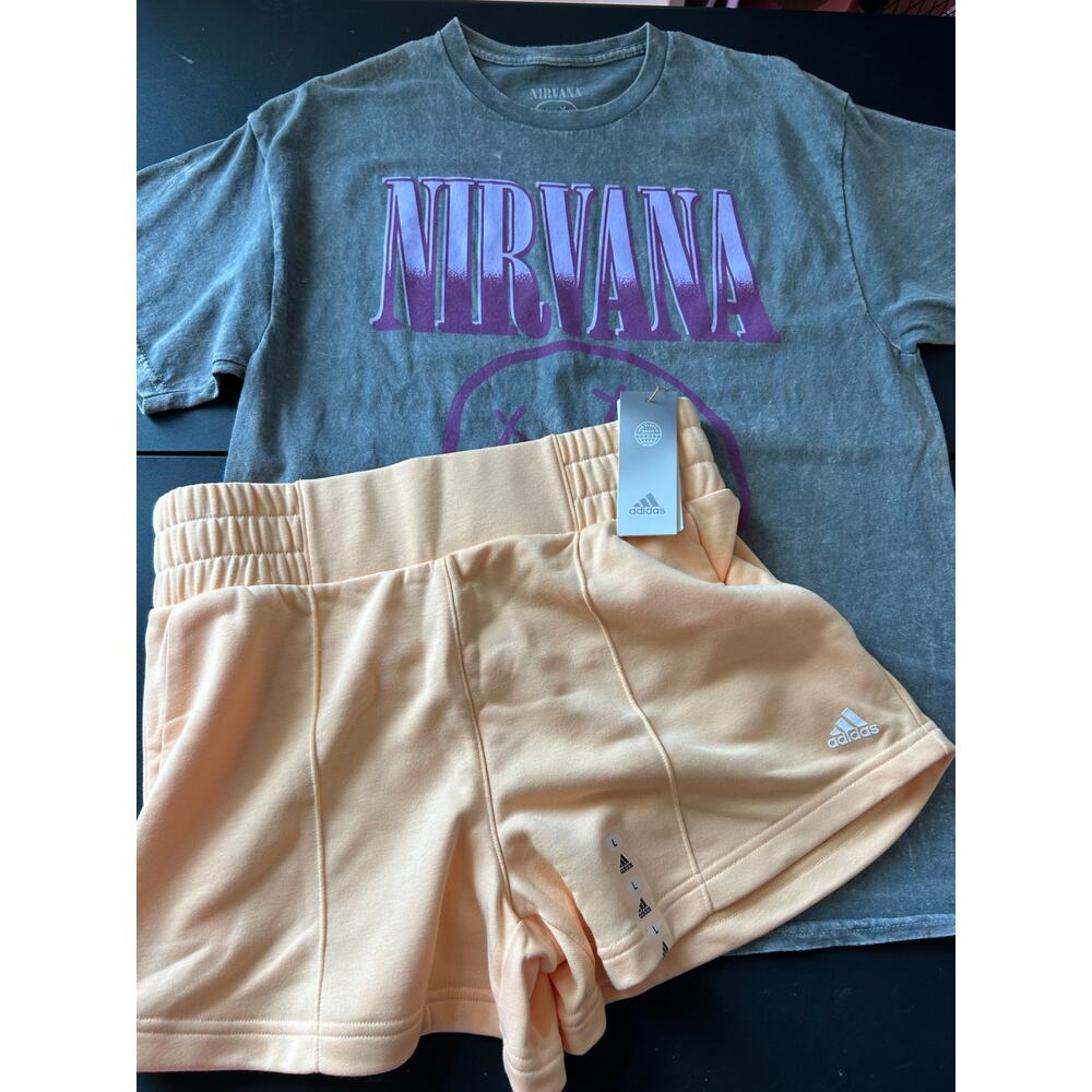 Adidas Women's Athletic Shorts + Nirvana Graphic T-shirt Size Large NEW - Picture 2 of 8